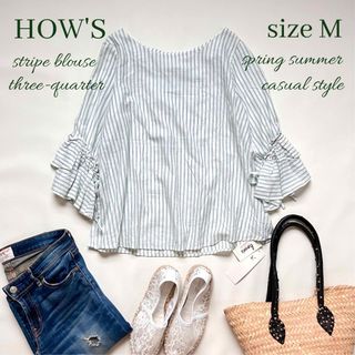 ◆新品タグ付き◆how's◆綿混七分袖ストライプブラウス◆白×グリーン◆M◆(シャツ/ブラウス(長袖/七分))