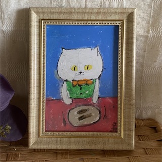 絵画。原画手描【洋食が好きなかわいい猫】(絵画/タペストリー)