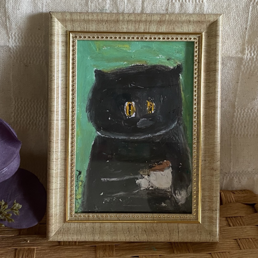 絵画。原画手描【黒猫休みの日のコーヒー】 エンタメ/ホビーの美術品/アンティーク(絵画/タペストリー)の商品写真