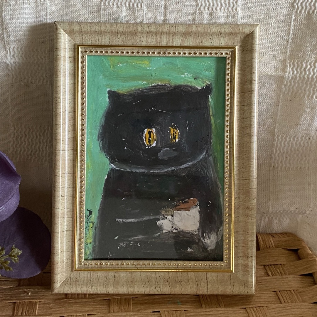 絵画。原画手描【黒猫休みの日のコーヒー】 エンタメ/ホビーの美術品/アンティーク(絵画/タペストリー)の商品写真