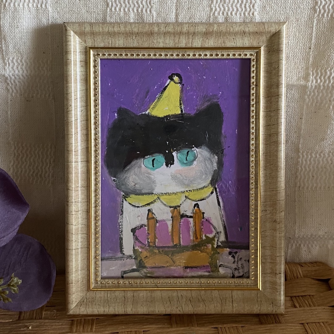 絵画。原画手描【猫ちゃんはお誕生日を楽しく過ごします】 エンタメ/ホビーの美術品/アンティーク(絵画/タペストリー)の商品写真