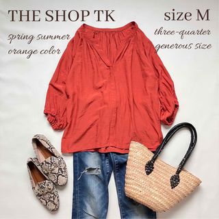 THE SHOP TK - ◆美品◆ザショップTK◆バーミリオンオレンジ◆七分袖とろみブラウス◆キーネックM