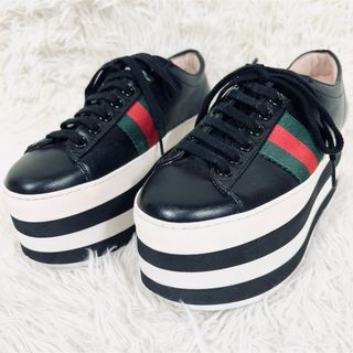 Gucci - 【美品】グッチ　スニーカー　厚底　シェリーライン　ボーダー　レザー　ブラック