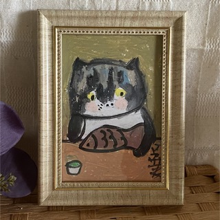 絵画。原画手描【猫は魚と緑茶を食べるのが好きだ】(絵画/タペストリー)