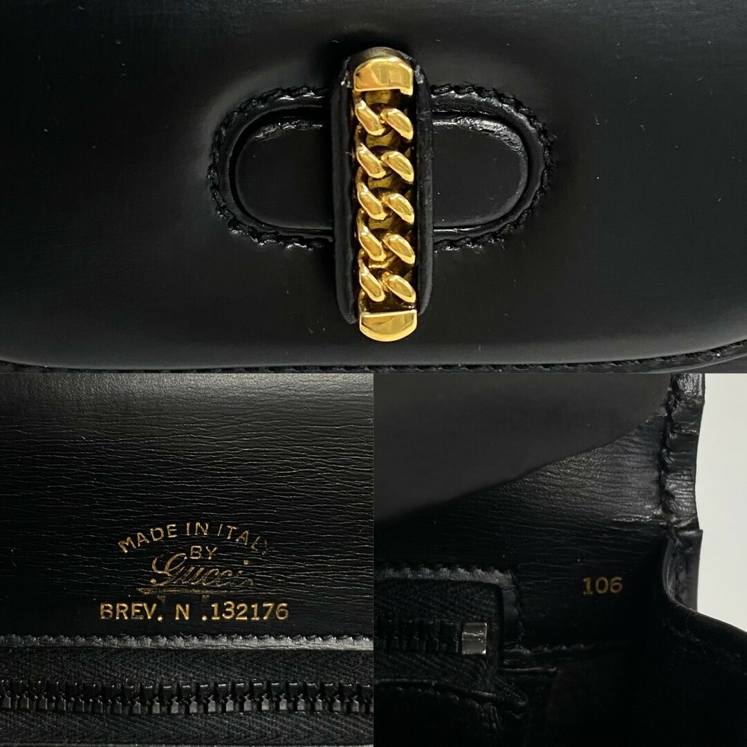 Gucci(グッチ)の極 美品 GUCCI グッチ オールドグッチ ヴィンテージ チェーン モチーフ ハンドル ターンロック カーフ レザー ハンドバッグ ブラック 22849 レディースのバッグ(ハンドバッグ)の商品写真