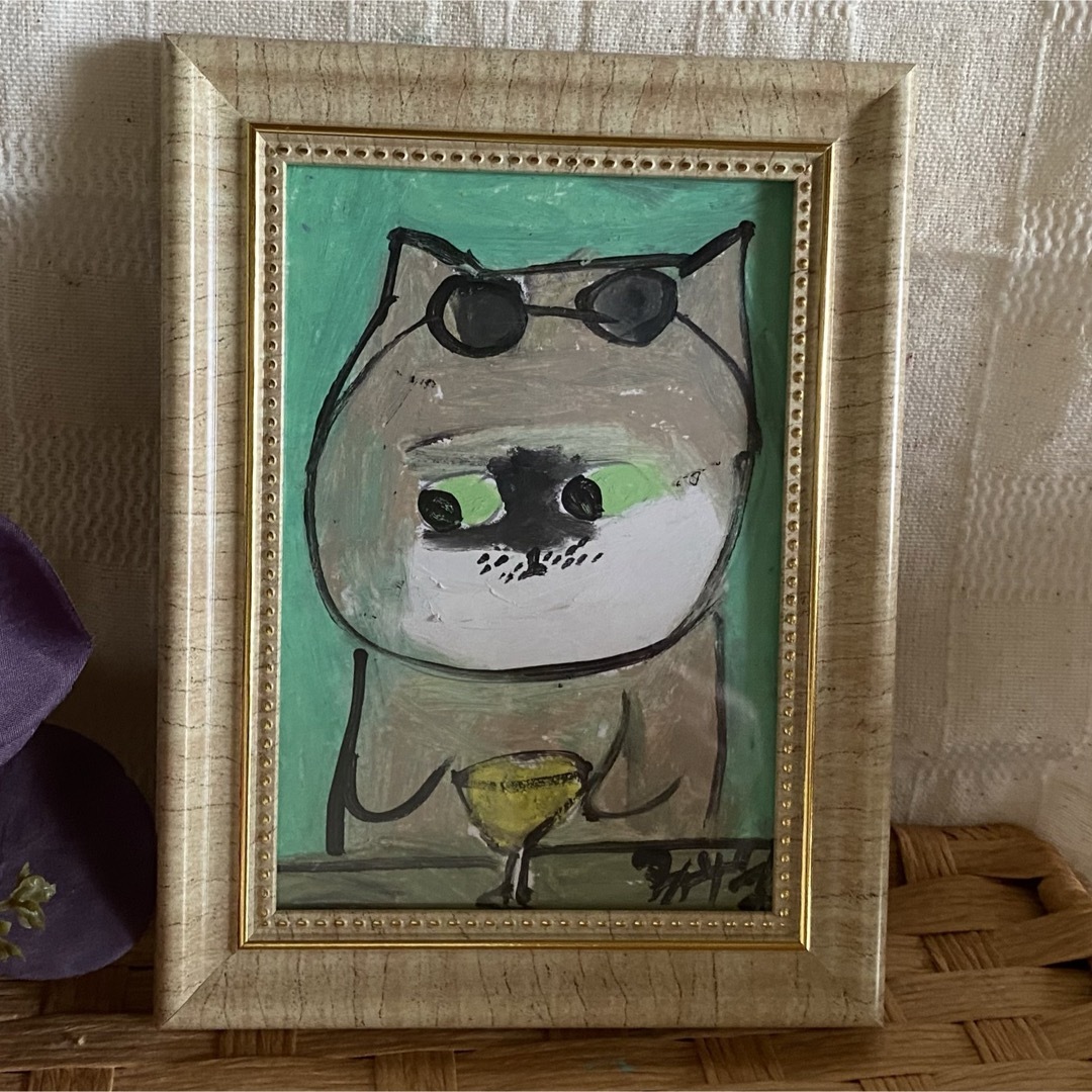 絵画。原画手描【サングラスをかけてシャンパンを飲む猫ちゃん】 エンタメ/ホビーの美術品/アンティーク(絵画/タペストリー)の商品写真