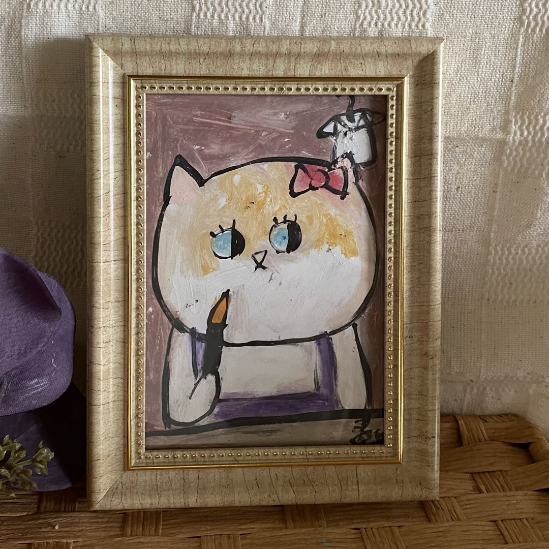 絵画。原画手描【口紅を塗るのが好きなきれいな猫ちゃん】 エンタメ/ホビーの美術品/アンティーク(絵画/タペストリー)の商品写真