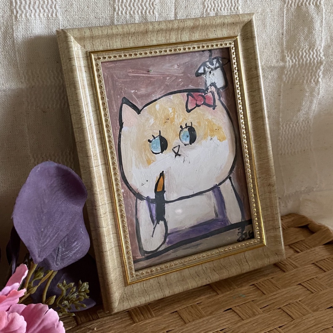 絵画。原画手描【口紅を塗るのが好きなきれいな猫ちゃん】 エンタメ/ホビーの美術品/アンティーク(絵画/タペストリー)の商品写真