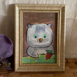 絵画。原画手描【猫ちゃんはいちごを1粒もらった】(絵画/タペストリー)