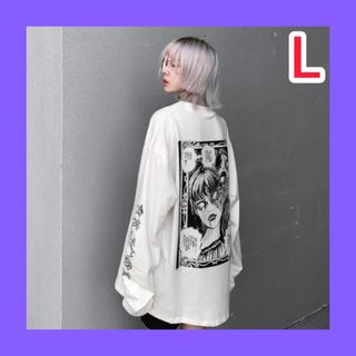 レディース Tシャツ 白 L ゆったり 長袖 バックプリント ヒップホップ (Tシャツ(長袖/七分))