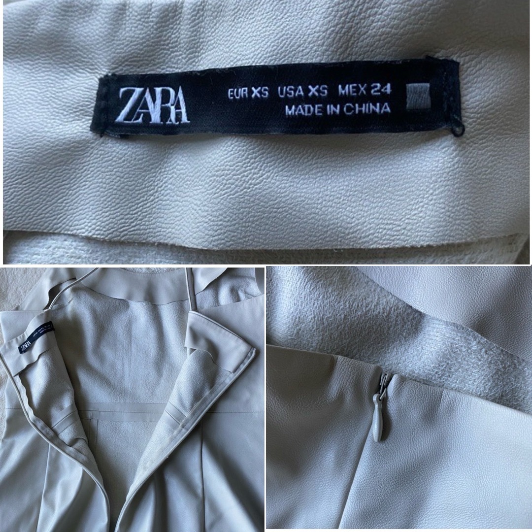 ZARA(ザラ)のZARAザラフェイクレザースリットワンピースXS●タイト　オフホワイト背中クロス レディースのワンピース(ロングワンピース/マキシワンピース)の商品写真