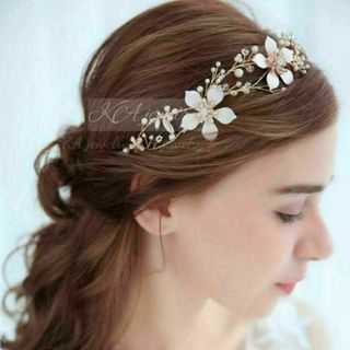 ピンクゴールドパール ヘッドドレス結婚式ヘアアクセサリーウェディングcブライダル(その他)