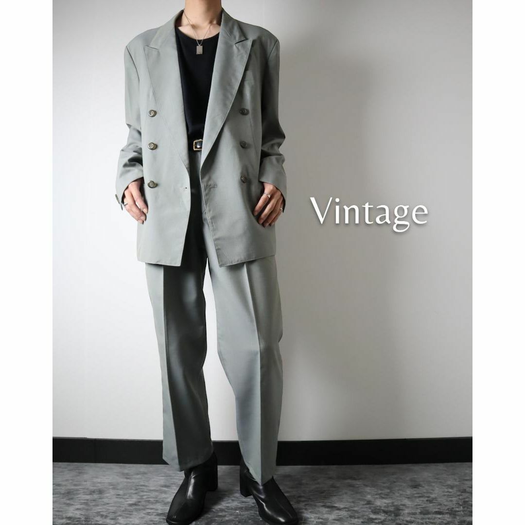 VINTAGE(ヴィンテージ)の2ピース セットアップ ピンヘッドストライプ ダブル スーツ 2タック 薄緑 メンズのスーツ(セットアップ)の商品写真