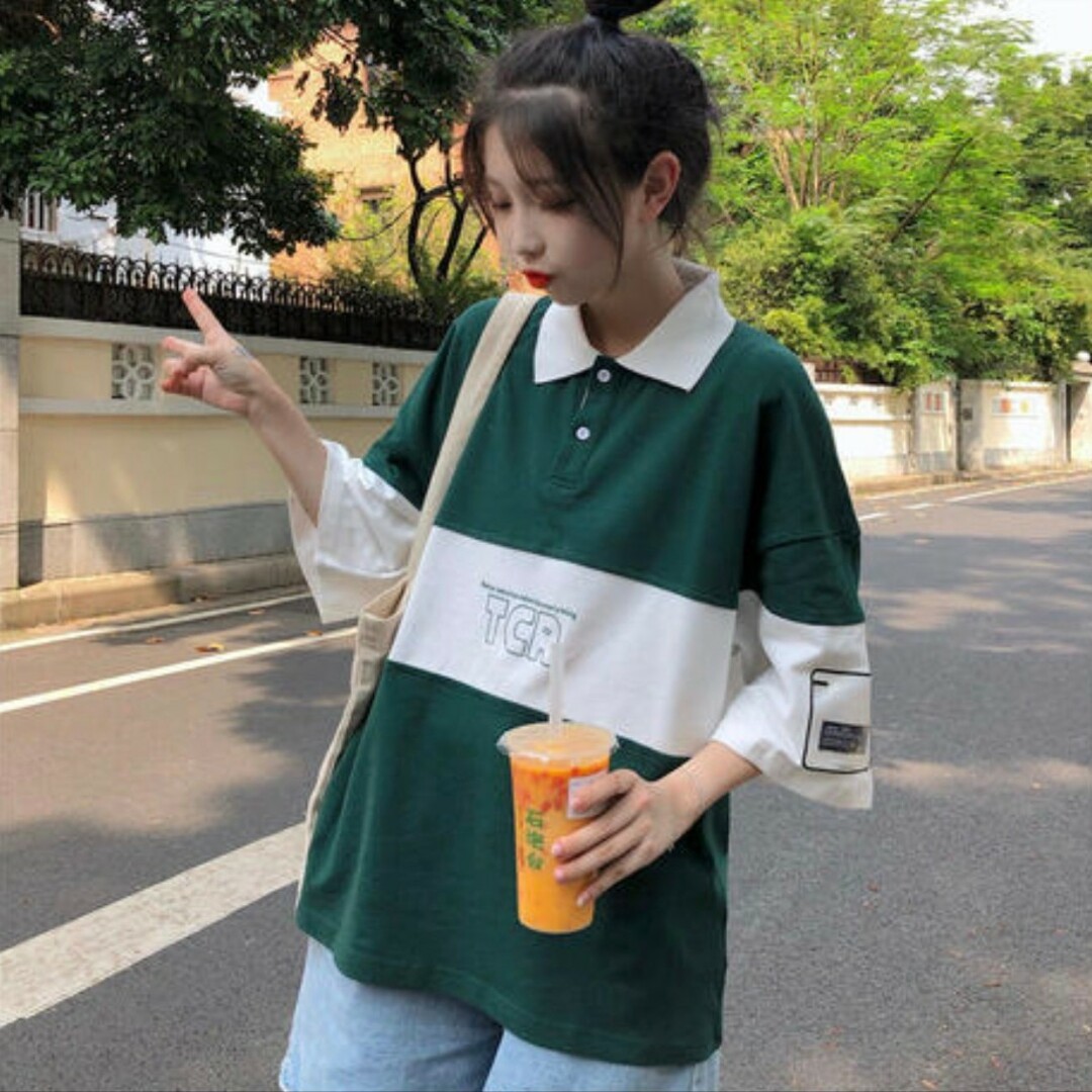 ポロシャツ ビッグシルエット 韓国 夏服 レディース カジュアル レディースのトップス(ポロシャツ)の商品写真