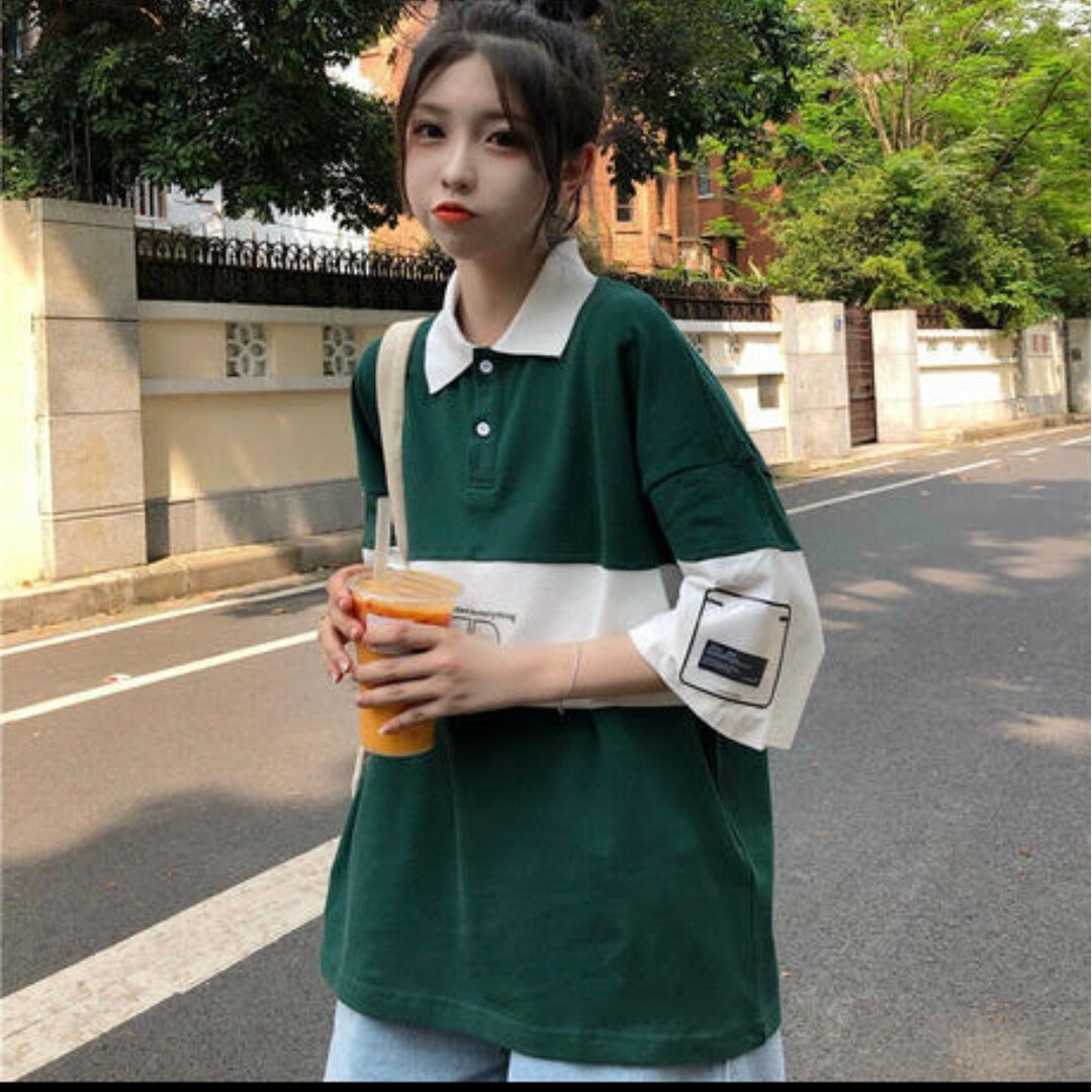 ポロシャツ ビッグシルエット 韓国 夏服 レディース カジュアル レディースのトップス(ポロシャツ)の商品写真