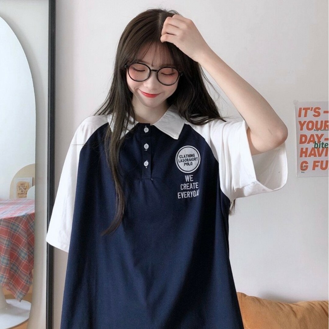 ポロシャツ 韓国 レディース ビッグシルエット ネイビー レディースのトップス(Tシャツ(半袖/袖なし))の商品写真