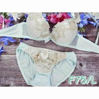 090★F75 L★ブラショーツセット ケミカル刺繍 水色(ブラ&ショーツセット)