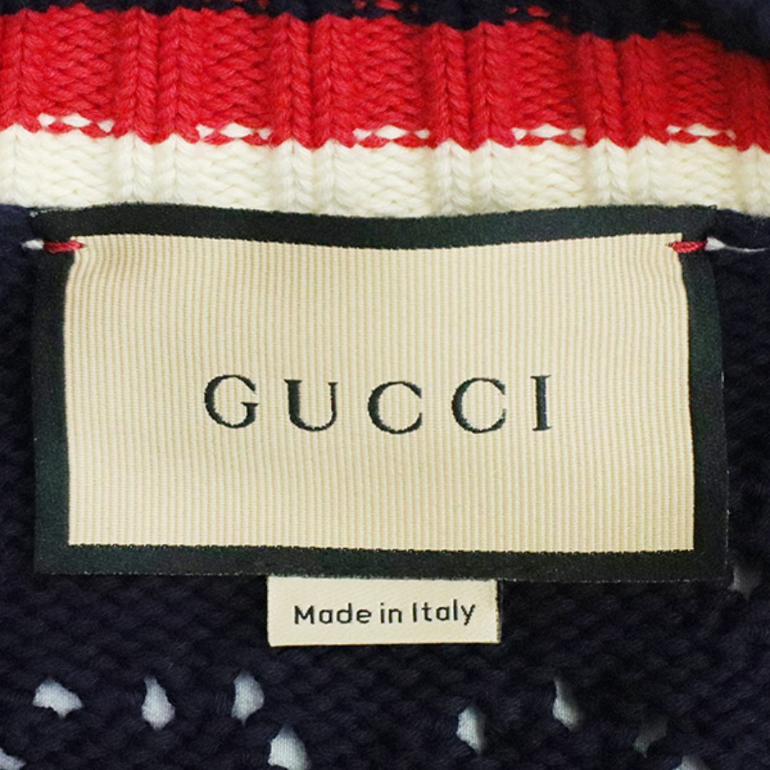 Gucci(グッチ)のグッチ カーディガン GGロゴ ニット コットン Sサイズ ネイビー ホワイト レッド 羽織り トップス 新品同様 7433 メンズのトップス(カーディガン)の商品写真