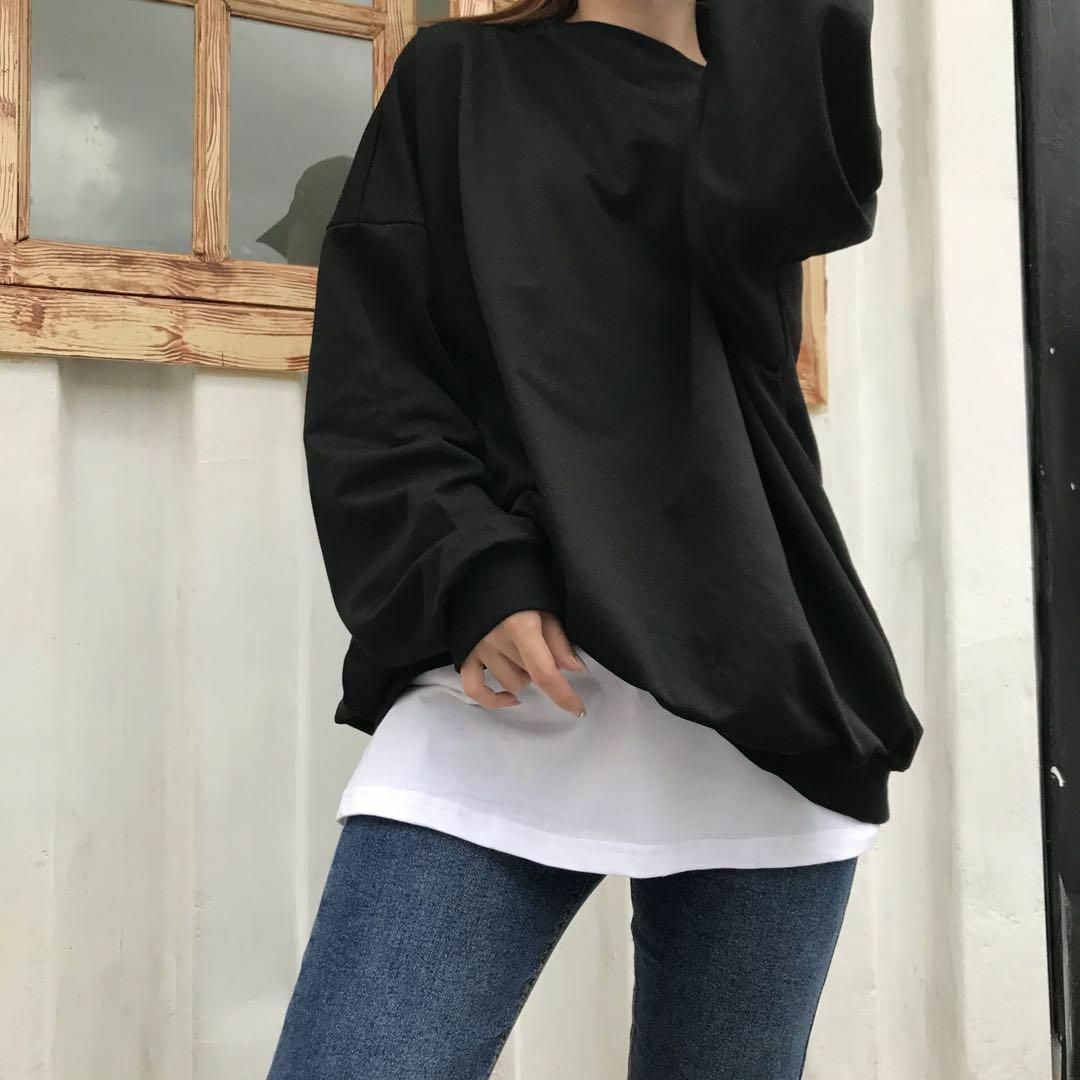 つけ裾 XL レイヤード 白 重ね着 体型カバー Tシャツ スリット レディースのトップス(トレーナー/スウェット)の商品写真