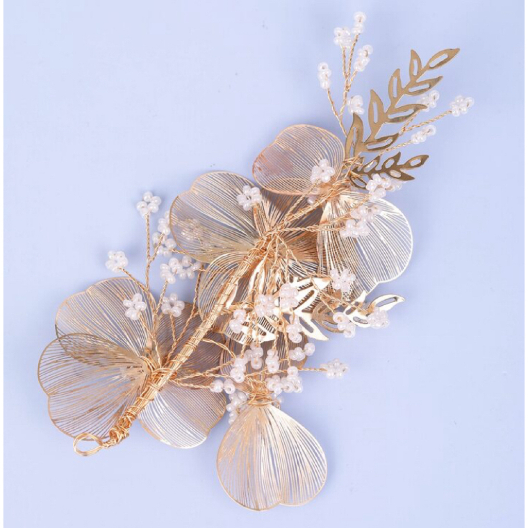 ゴールド フラワーヘアアクセ ブライダル ウェディング 成人式 和装 花 レディースのヘアアクセサリー(その他)の商品写真