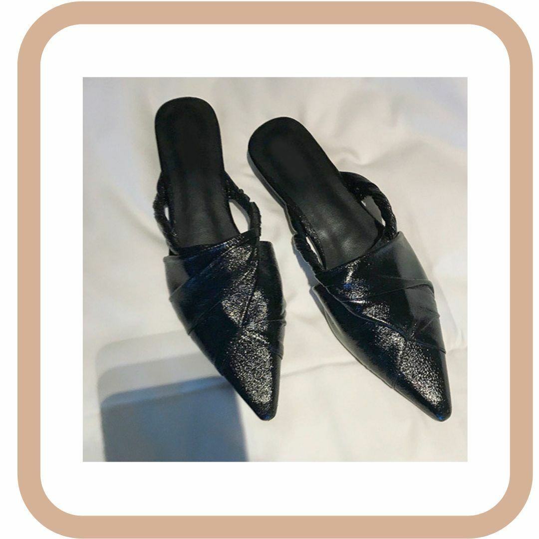 黒38 ポインテッドトゥ ツイストデザイン クロスミュール サンダル ヒール レディースの靴/シューズ(ローファー/革靴)の商品写真