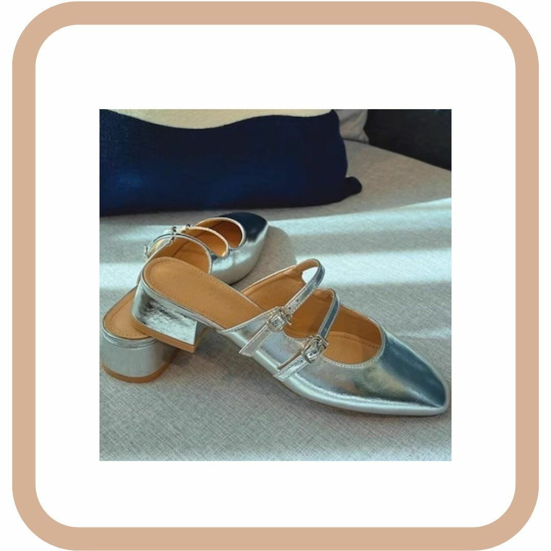 アイテム ダブルストラップ ミュールパンプス チャンキーヒール シルバー35 レディースの靴/シューズ(ミュール)の商品写真
