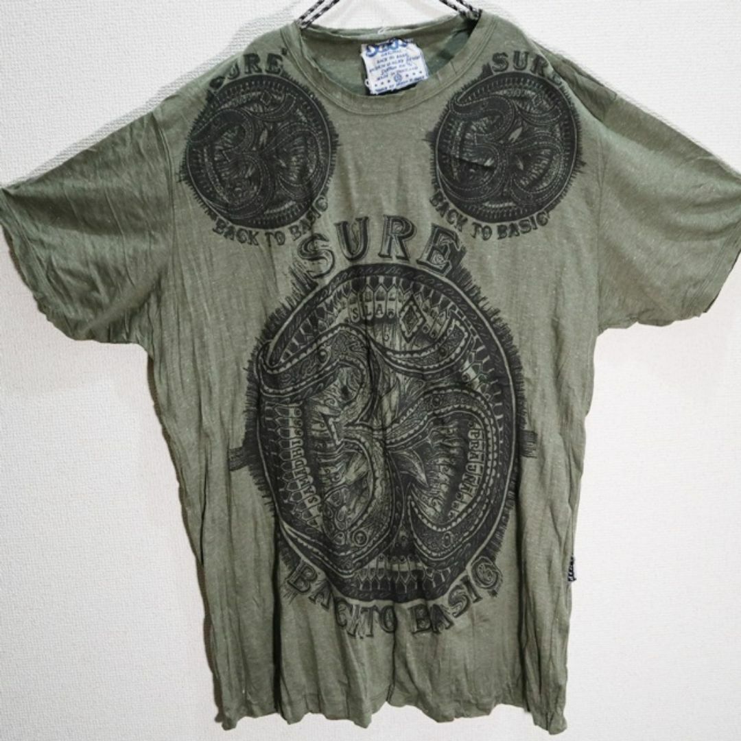 【新品】シワ加工エスニックTシャツ  スネーク・梵字　カーキー メンズのトップス(Tシャツ/カットソー(半袖/袖なし))の商品写真