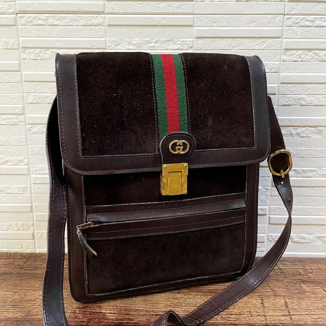 Gucci(グッチ)のグッチ シェリー ライン スエード×レザー ショルダー バッグ GG 茶色 レディースのバッグ(ショルダーバッグ)の商品写真