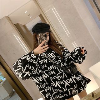 レディース　ロンT　長袖　ロゴ　ブラック　2XL　オーバーサイズ　韓国　シンプル(Tシャツ(長袖/七分))