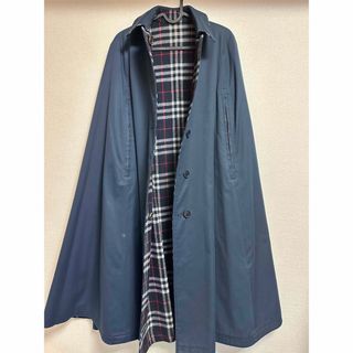 バーバリー(BURBERRY)のレア Burberry 毛100%リバーシブルマント 紺色(ロングコート)