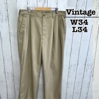 ヴィンテージ(VINTAGE)のUSA古着　チノパン　ワークパンツ　ベージュ　2タック　ワイド　 無地　W34(チノパン)