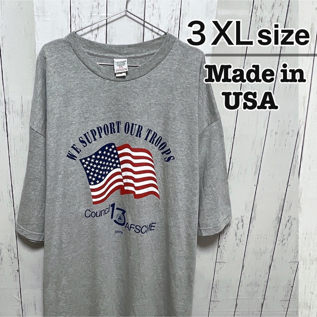 VINTAGE(ヴィンテージ)のUSA製　Tシャツ　3XL　グレー　アメリカ国旗　プリント　オーバーサイズ　古着 メンズのトップス(Tシャツ/カットソー(半袖/袖なし))の商品写真