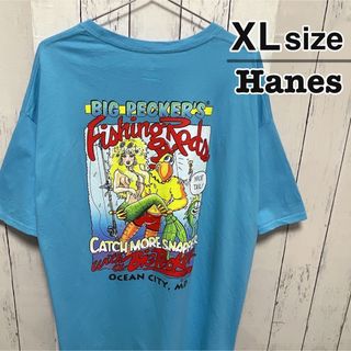 ヘインズ(Hanes)のHanes　Tシャツ　ライトブルー　水色　プリント　フィッシング　釣り　古着(Tシャツ/カットソー(半袖/袖なし))