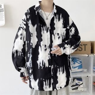 売れてます！モード　韓国　柄シャツ　黒白　個性　XL　メンズ(シャツ)