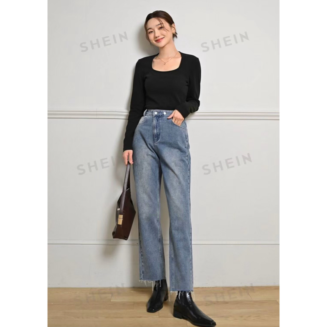 【新品】shein  ストレート　ジーンズ　ブルー レディースのパンツ(デニム/ジーンズ)の商品写真