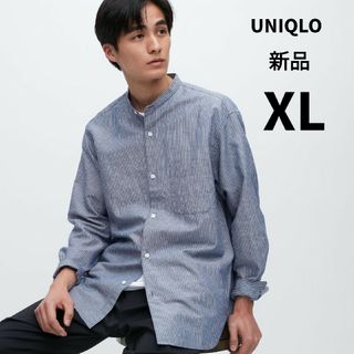 ユニクロ(UNIQLO)の新品　ユニクロ　リネンコットンスタンドカラーストライプシャツ　68 ブルー　XL(シャツ)