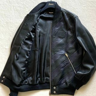 ディーゼル(DIESEL)の美品 ディーゼル ラムレザー 切替 ライダースジャケット ブルゾン ワッペン M(ライダースジャケット)