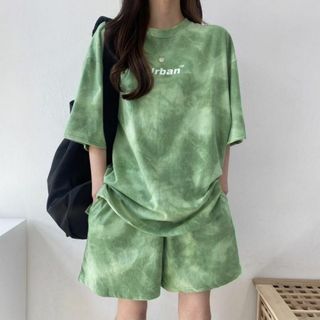 Tシャツ ショートパンツ 上下 ルームウェア オーバーサイズ 韓国 グリーン(ルームウェア)