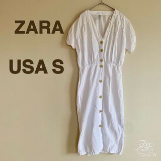 ザラ(ZARA)のZARA ザラ S ロングワンピース ホワイト 白 シンプル おしゃれ 古着 麻(ロングワンピース/マキシワンピース)