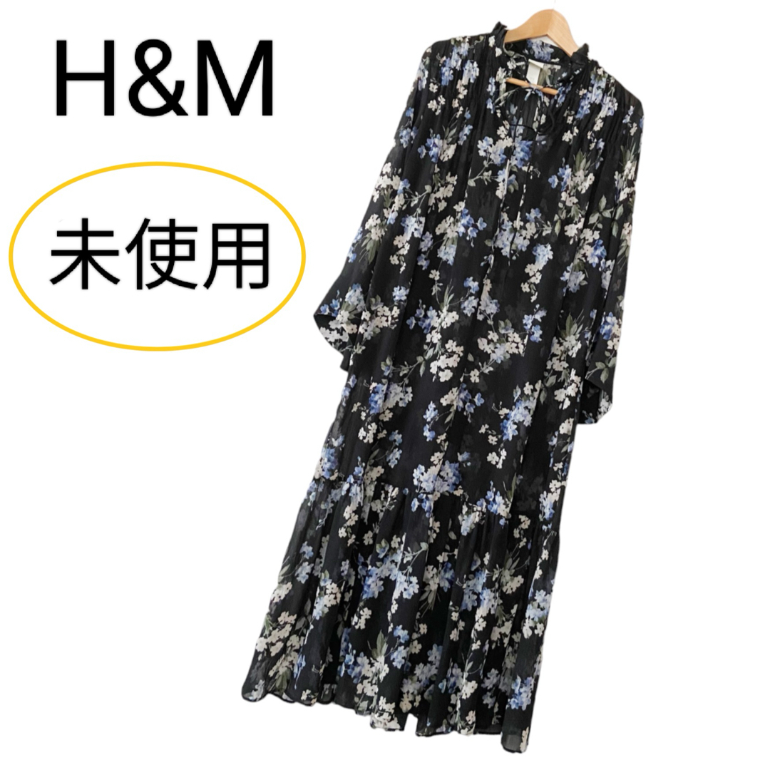 H&M(エイチアンドエム)の未使用 H&M 花柄 シアー フレア ロングワンピース ブラック レディースのワンピース(ロングワンピース/マキシワンピース)の商品写真