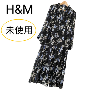 H&M - 未使用 H&M 花柄 シアー フレア ロングワンピース ブラック