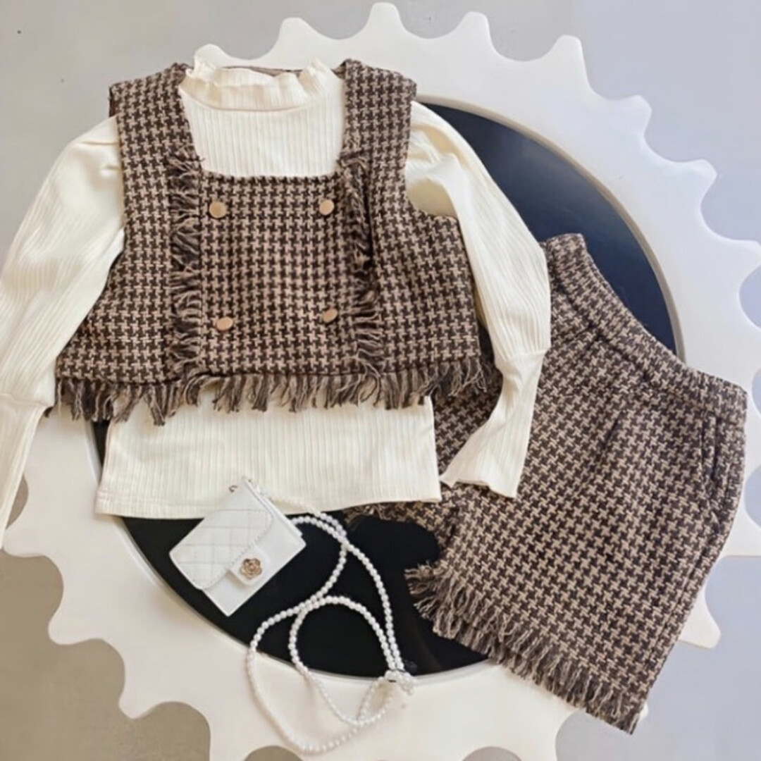 子ども 110 ツイードビスチェ セットアップ 茶色 チェック柄 フォーマル キッズ/ベビー/マタニティのキッズ服女の子用(90cm~)(ドレス/フォーマル)の商品写真