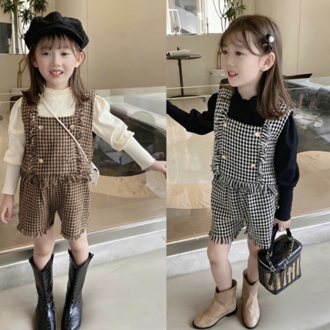 子ども 110 ツイードビスチェ セットアップ 茶色 チェック柄 フォーマル キッズ/ベビー/マタニティのキッズ服女の子用(90cm~)(ドレス/フォーマル)の商品写真