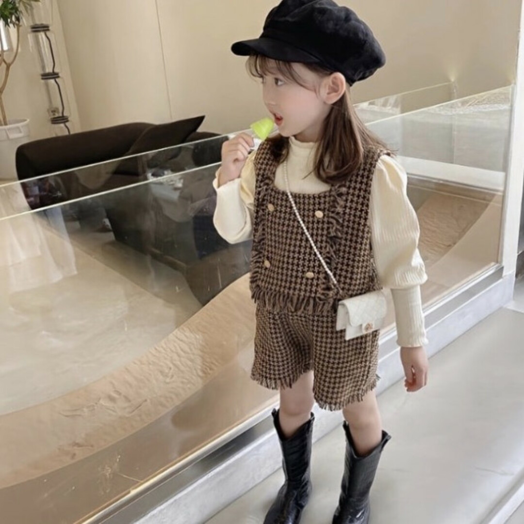 子ども 110 ツイードビスチェ セットアップ 茶色 チェック柄 フォーマル キッズ/ベビー/マタニティのキッズ服女の子用(90cm~)(ドレス/フォーマル)の商品写真