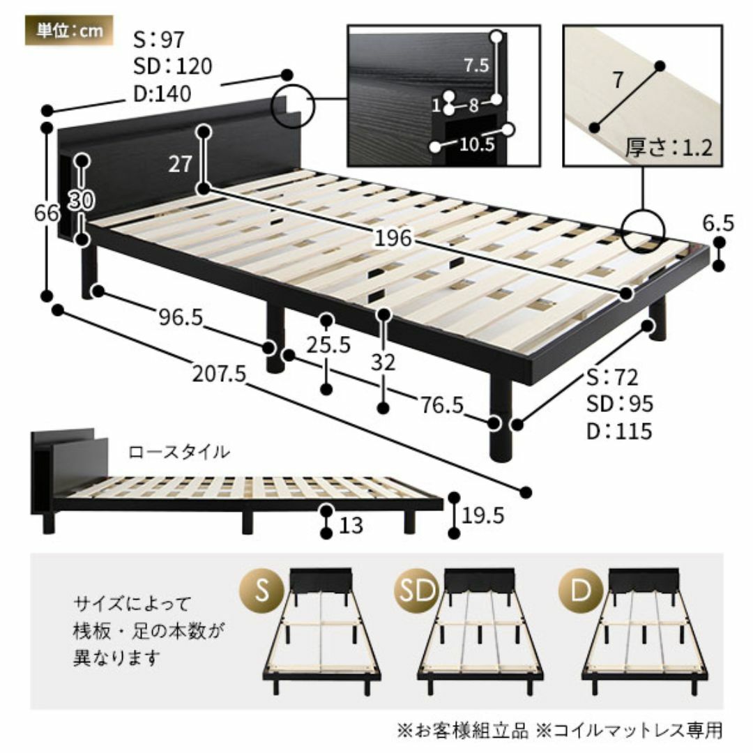 送料無料 シングルベッド フレーム ハイタイプ保証・棚・コンセントブラック インテリア/住まい/日用品のベッド/マットレス(シングルベッド)の商品写真