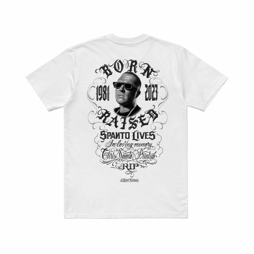 Mr Cartoon BORN RAISED SPANTO LIVE TEE 白 メンズのトップス(Tシャツ/カットソー(半袖/袖なし))の商品写真