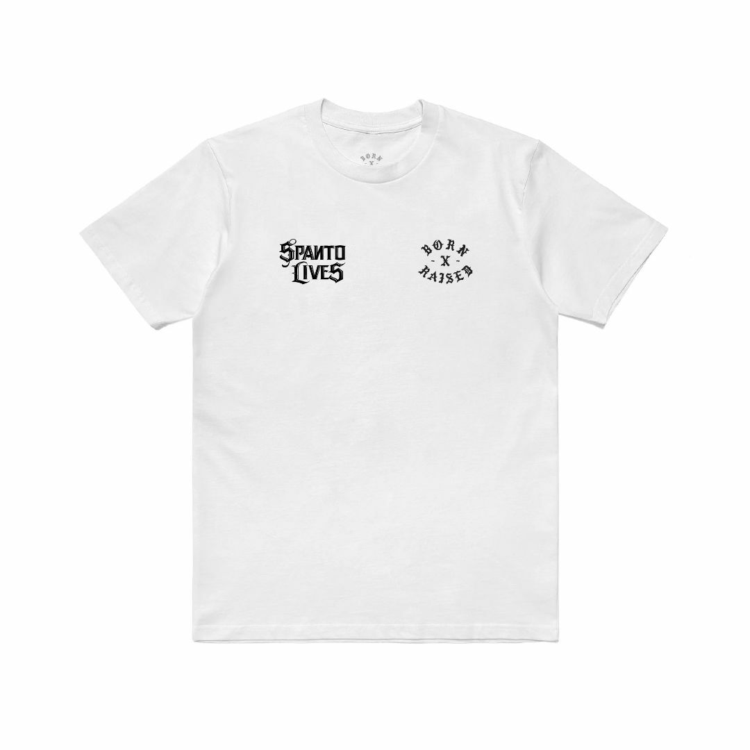 Mr Cartoon BORN RAISED SPANTO LIVE TEE 白 メンズのトップス(Tシャツ/カットソー(半袖/袖なし))の商品写真