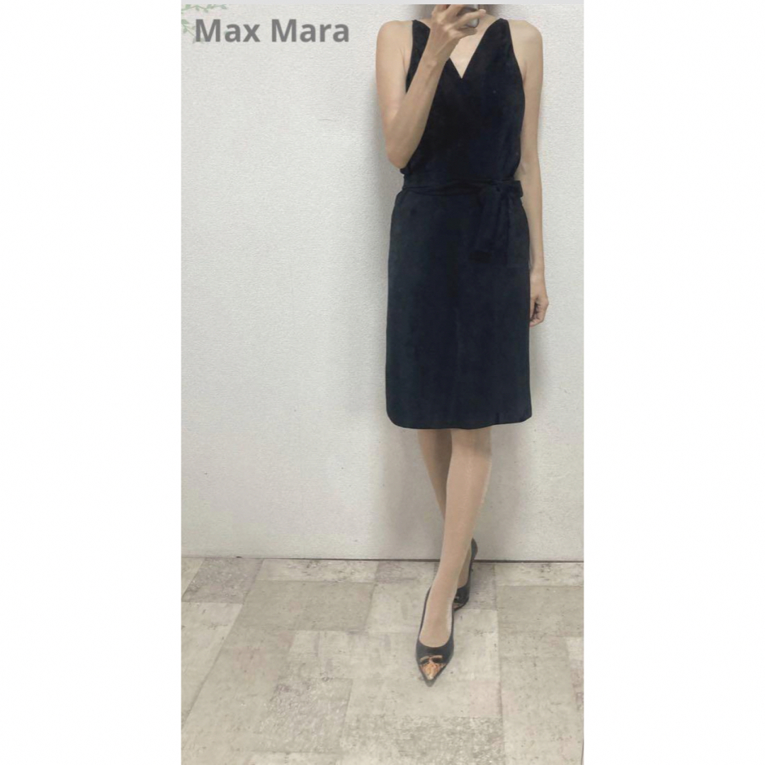 Max Mara(マックスマーラ)のマックスマーラMax Mara カシュクールジャージーワンピ36 ブラック白タグ レディースのワンピース(ひざ丈ワンピース)の商品写真