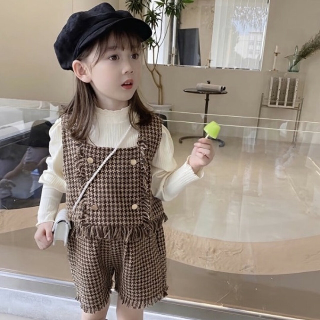 子ども 120 ツイードビスチェ セットアップ 茶色 チェック柄 フォーマル キッズ/ベビー/マタニティのキッズ服女の子用(90cm~)(ドレス/フォーマル)の商品写真