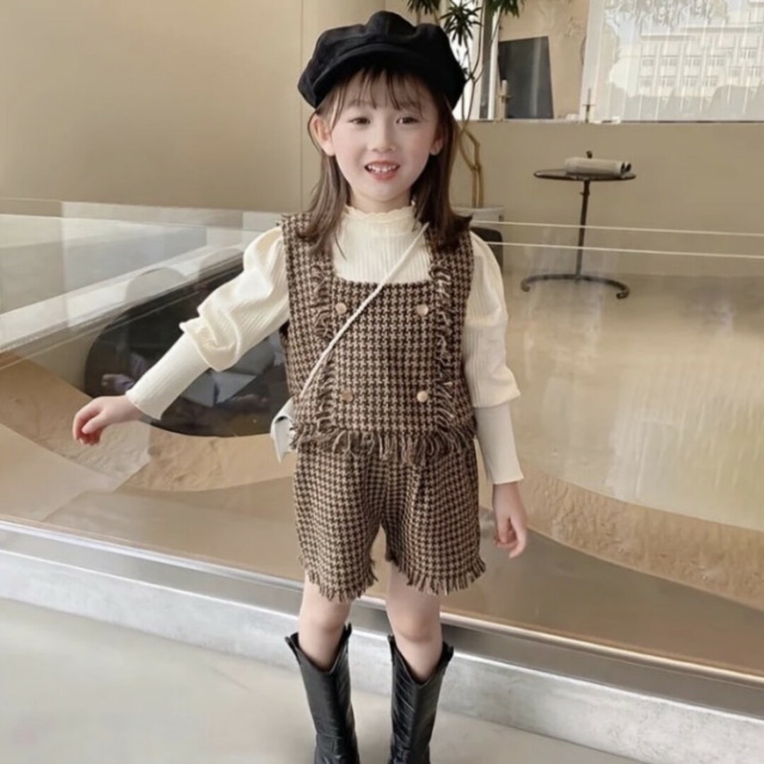 子ども 120 ツイードビスチェ セットアップ 茶色 チェック柄 フォーマル キッズ/ベビー/マタニティのキッズ服女の子用(90cm~)(ドレス/フォーマル)の商品写真